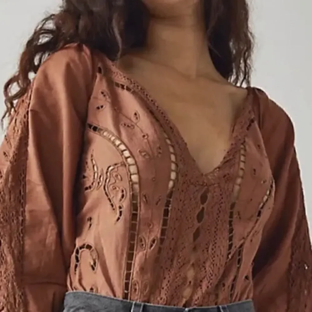 NWOT Free People Regina Bodysuit Top Thong Eyelet Balloon Sleeves Smocked Retro
